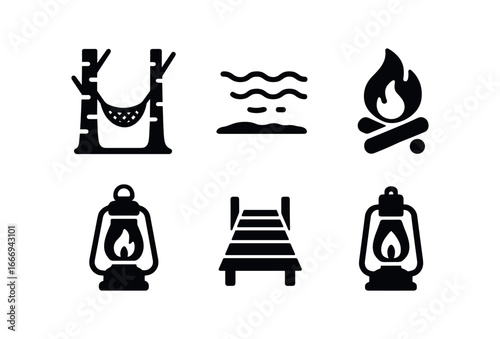 vector solid black filled icons hammock between trees (lakeside camp): birch trees net hammock calm lake campfire ring lantern wooden dock.
