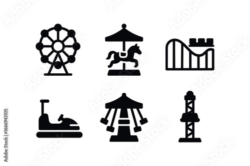 vector solid black filled icons seasonal fair (rides): ferris wheel carousel horse roller coaster bumper car swing ride drop tower.