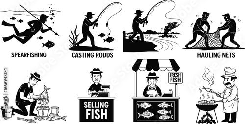 Silhouette vector of spearfishing, rod casting, net hauling, fish selling, market vendor, seafood cooking, fishing industry and lifestyle