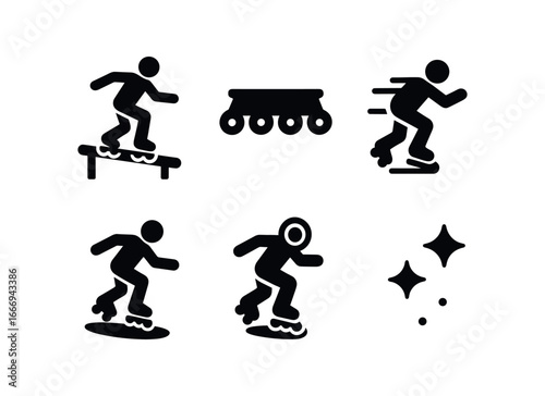 vector solid black filled icons rollerblading (aggressive trick): rail grind skate frame motion blur shadow smear light rim spark dots.