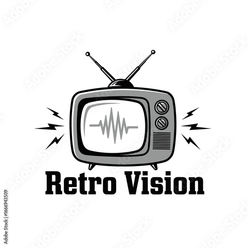Retro TV logo design. Vintage television with signal waves.