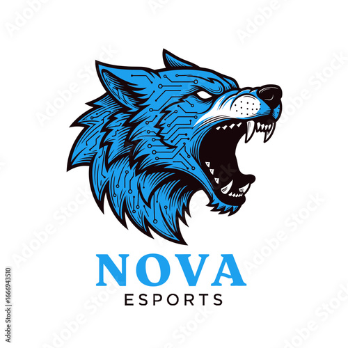 A fierce blue cyber wolf head logo for Nova Esports.  Digital design.