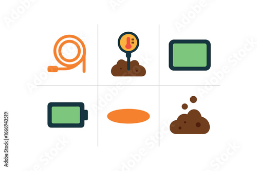 vector colorful filled icons compost thermometer (wire probe): cable coil probe tip LCD icon battery icon shadow smear compost speck.