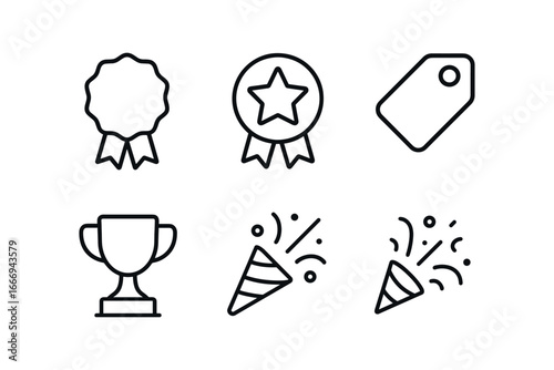 vector outline icons work anniversary celebration (milestone badge): badge icon star ribbon number years date tag trophy cup confetti spray.