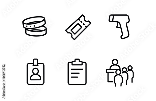 vector outline icons ticket agent (event counter): wristbands printed tickets scanner device badge clipboard customer queue.