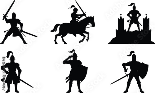 Silhouettes of medieval knights, sword fighting, mounted warrior, standing guard, castle background, armor, shield, helmet plume, chivalry, historical warriors.