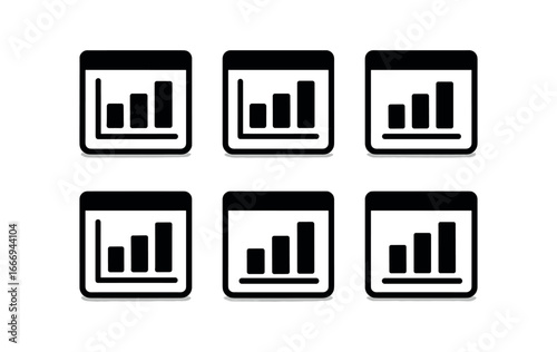 vector solid black filled icons data analytics dashboard (bar chart): bar blocks axis lines value labels title bar shadow smear light rim.