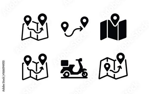 vector solid black filled icons delivery tracking map (route line): map outline pin drops path arrows scooter icon shadow smear highlight rim.