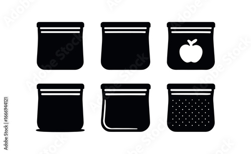 vector solid black filled icons reusable food wrap (silicone pouch): pouch outline zipper seal food icon shadow smear light rim texture dots.