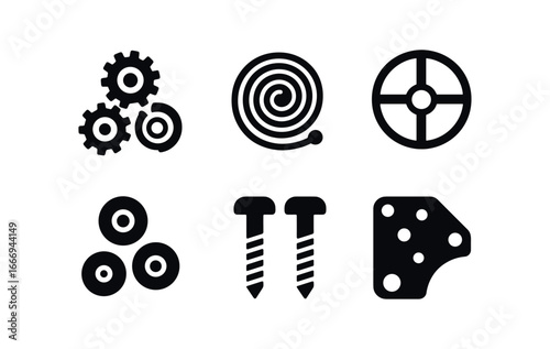 vector solid black filled icons pocket watch (mechanism): gears springs balance wheel jewel bearings screws metal plate.