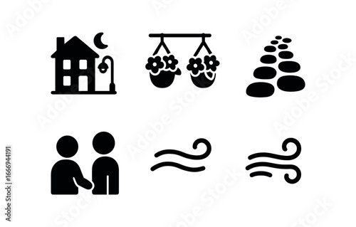 vector solid black filled icons village lights walk (summer): warm evening lit flower baskets cobblestone path chatting neighbors cool breeze.