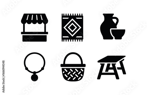 vector solid black filled icons folk tradition event (market): stalls handwoven goods pottery jewelry baskets wooden tables.