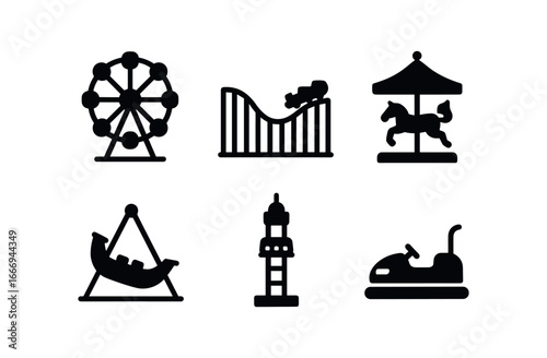 vector solid black filled icons nighttime carnival (rides): ferris wheel roller coaster carousel horse swinging ship drop tower bumper car.