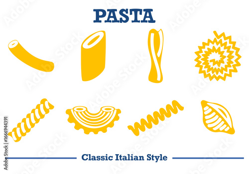 Collection of classic Italian pasta shapes in yellow silhouette style. Simple and cute. Perfect for food packaging, menu design, food graphics, and Italian food projects. Vector illustration.