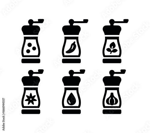 vector solid black filled icons spices in jars (grinder set): grinder outline spice icons handle knob jar base shadow smear highlight rim.