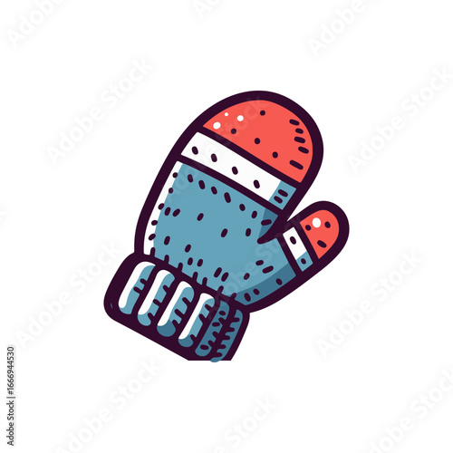Colorful knitted mitten with red and blue design, set against a plain white background