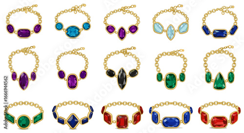 Collection of fifteen gold chain necklaces with different colored gemstones on a white background design