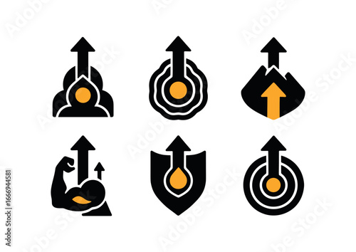 vector solid black filled icons perseverance (abstract): bold lines upward motion bright core layered forms strong colors symmetry.
