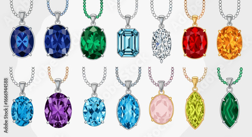 Assortment of gemstone pendants with silver and gold chains displayed on a white background surface