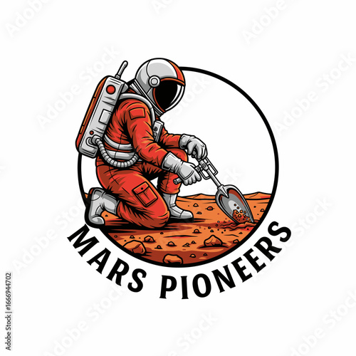 An astronaut collects samples on Mars. Mars exploration and space pioneers.