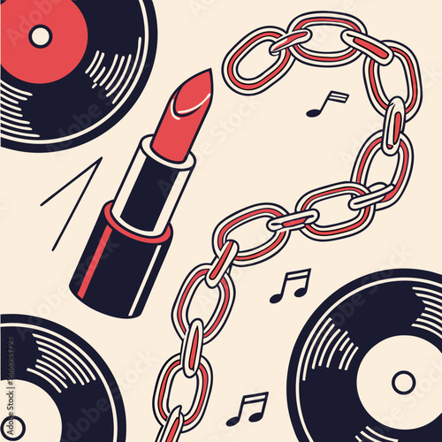 Illustration featuring vinyl records, lipstick, and chains, creating a retro and stylish design for music and fashion themes