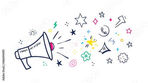 Hand drawn megaphone with stars, diamond, lightning and flower for announcement and promotion
