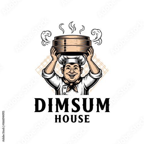 A cheerful chef logo for a dimsum restaurant.  The design features a happy chef holding a steaming bamboo steamer.