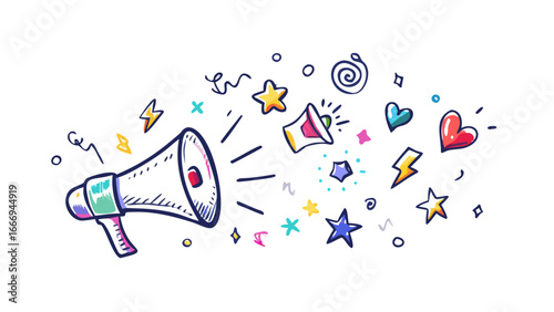 Hand drawn megaphone with doodle elements for advertising, promotion, announcement, and communication purposes