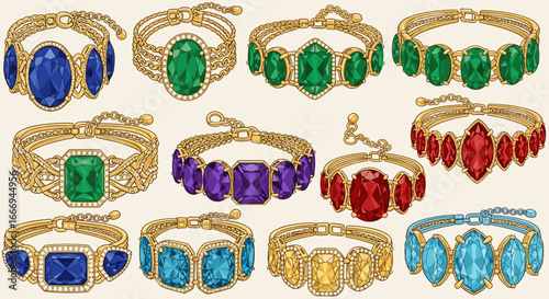 Collection of gold bracelets with various gemstones in different colors and shapes displayed together