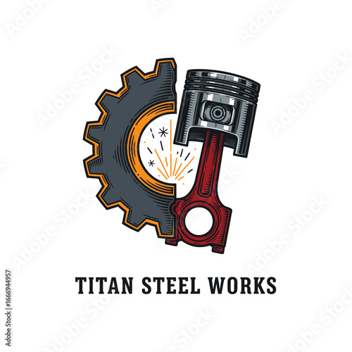 Logo design featuring a gear and piston, representing Titan Steel Works.