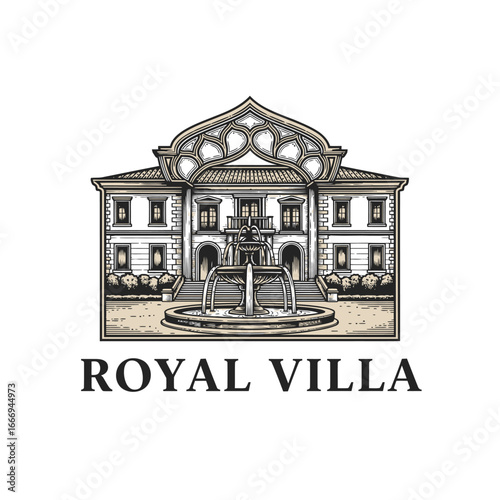 A regal villa logo featuring an elegant mansion and a central fountain.