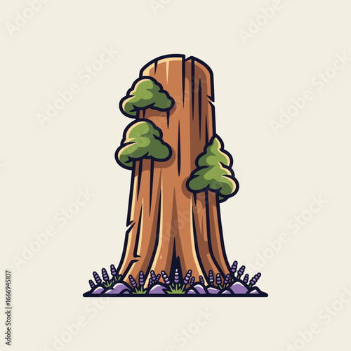 Cartoon illustration of a majestic redwood tree stump surrounded by lavender.
