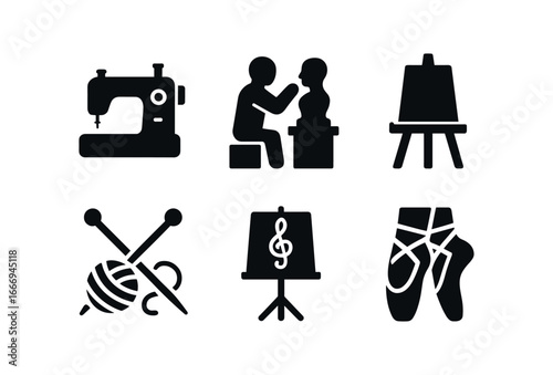 vector solid black filled icons reinvention chapter (creative): sewing machine clay sculpture easel knitting needles music stand dance shoes.