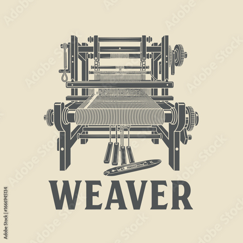 Vintage illustration of a traditional weaving loom.  Classic textile machine.