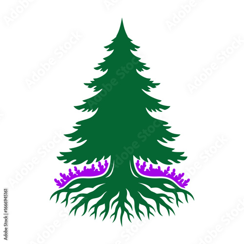 A stylized illustration of a majestic evergreen tree with deep roots and purple flora at its base.