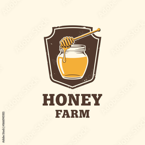 A rustic honey farm logo featuring a honey jar and dipper.