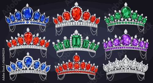 Collection of nine ornate crowns adorned with colorful gemstones and silver filigree on dark background