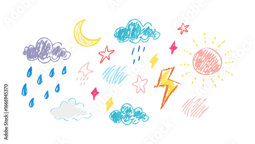 Weather elements drawn with crayons for kids, including sun, moon, stars, clouds, rain, lightning and more