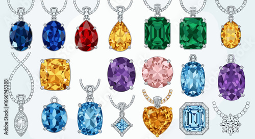 Collection of gemstone pendants with silver chains in various shapes and vibrant colors displayed neatly