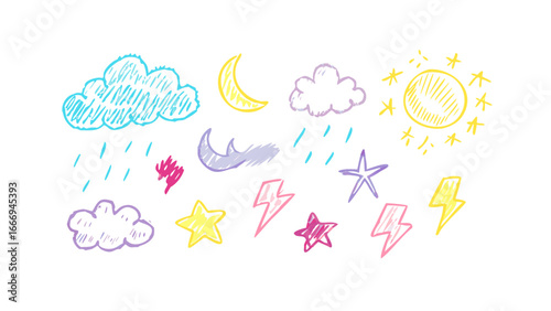 Weather elements drawn with crayons for kids, including sun, moon, stars, clouds, rain, lightning and more