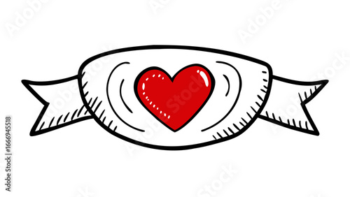 Hand drawn heart badge with ribbon for valentines day or wedding design, a sweet and romantic symbol of love