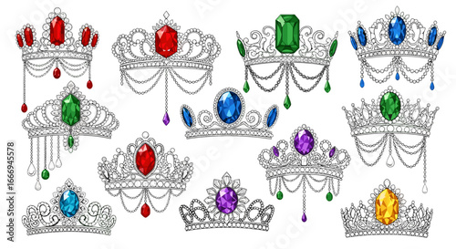Collection of ornate crowns with colorful gemstones and delicate chain details on a white background