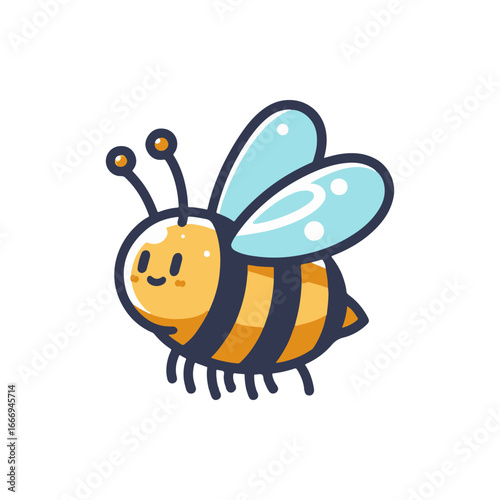 Cute cartoon bee character with blue wings flying joyfully in a colorful garden setting
