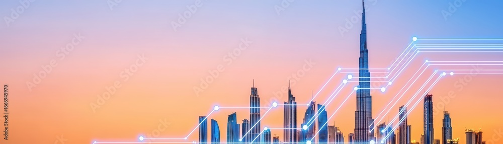 Obraz premium Modern skyline with digital connectivity and data visualization over cityscape at sunset