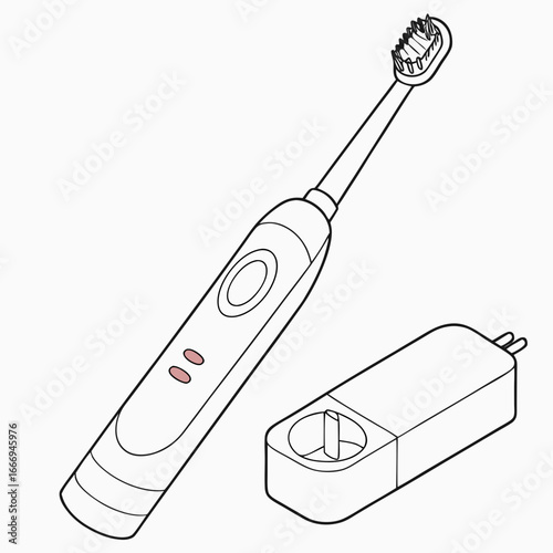 Illustration of electric toothbrush with charger for oral care, dental hygiene, and personal health routine