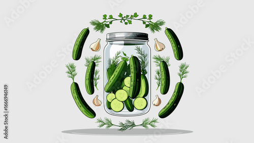 Illustration of a jar filled with fresh cucumbers, garlic, and dill surrounded by floating ingredients