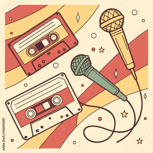 Retro illustration of cassette tapes and microphones with stars, capturing the essence of vintage music culture and nostalgic vibes