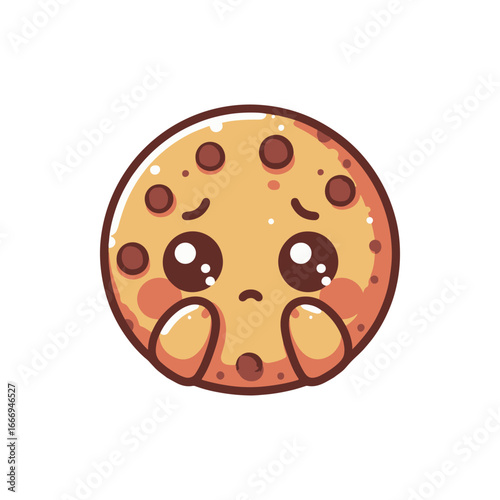 Cute cartoon cookie character with big eyes and a sad expression, isolated on a white background