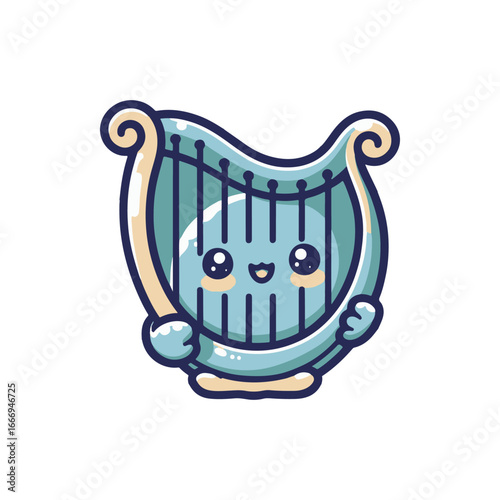 Cute cartoon harp character smiling while holding its body, set against a plain white background