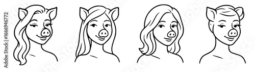 Set of vector drawings of a woman with a pig face